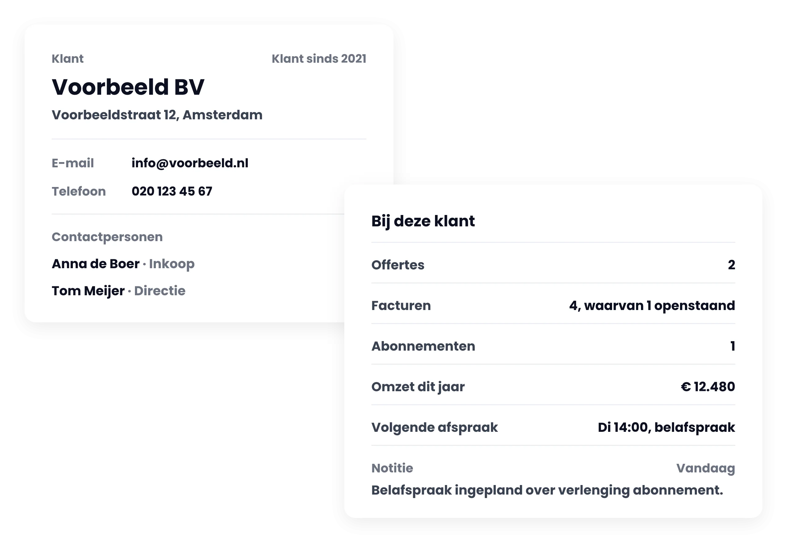CRM-overzicht met klantgegevens en gekoppelde informatie