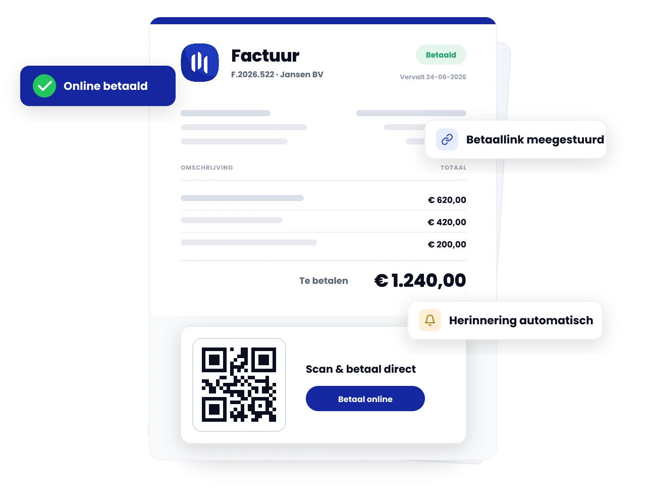 Factuur met betaallink en QR-code die direct na de klus verstuurd wordt