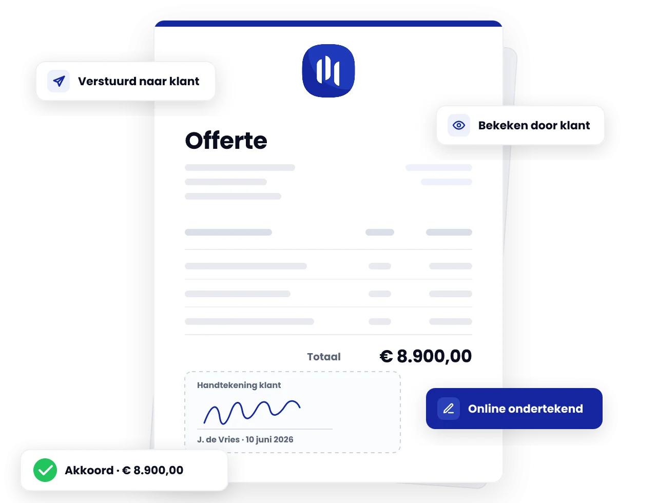 Offerte met digitaal ondertekenvak en akkoord van de klant