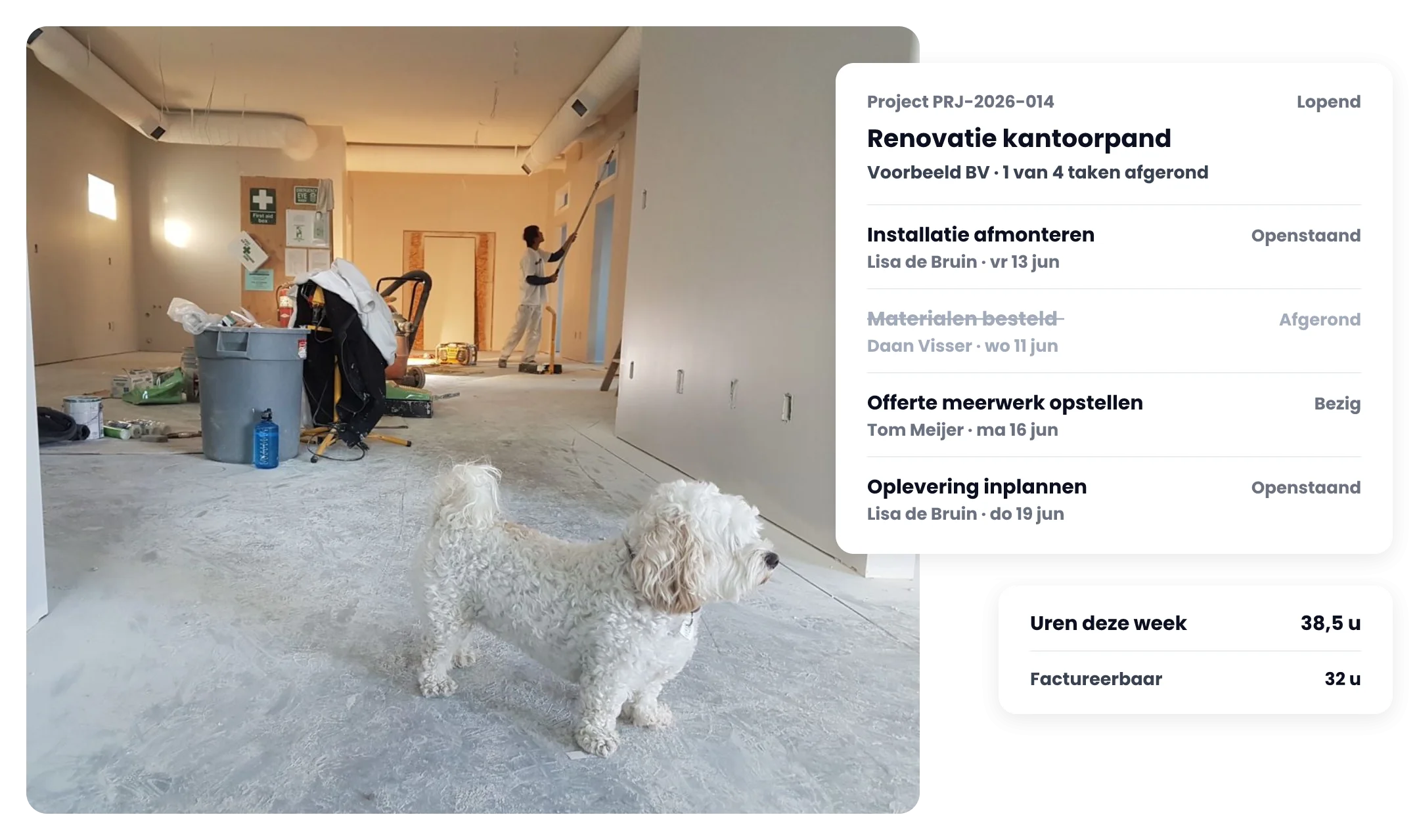 Kantoorpand in renovatie met het project ernaast: taken, wie ze doet, deadlines, status en de uren van deze week