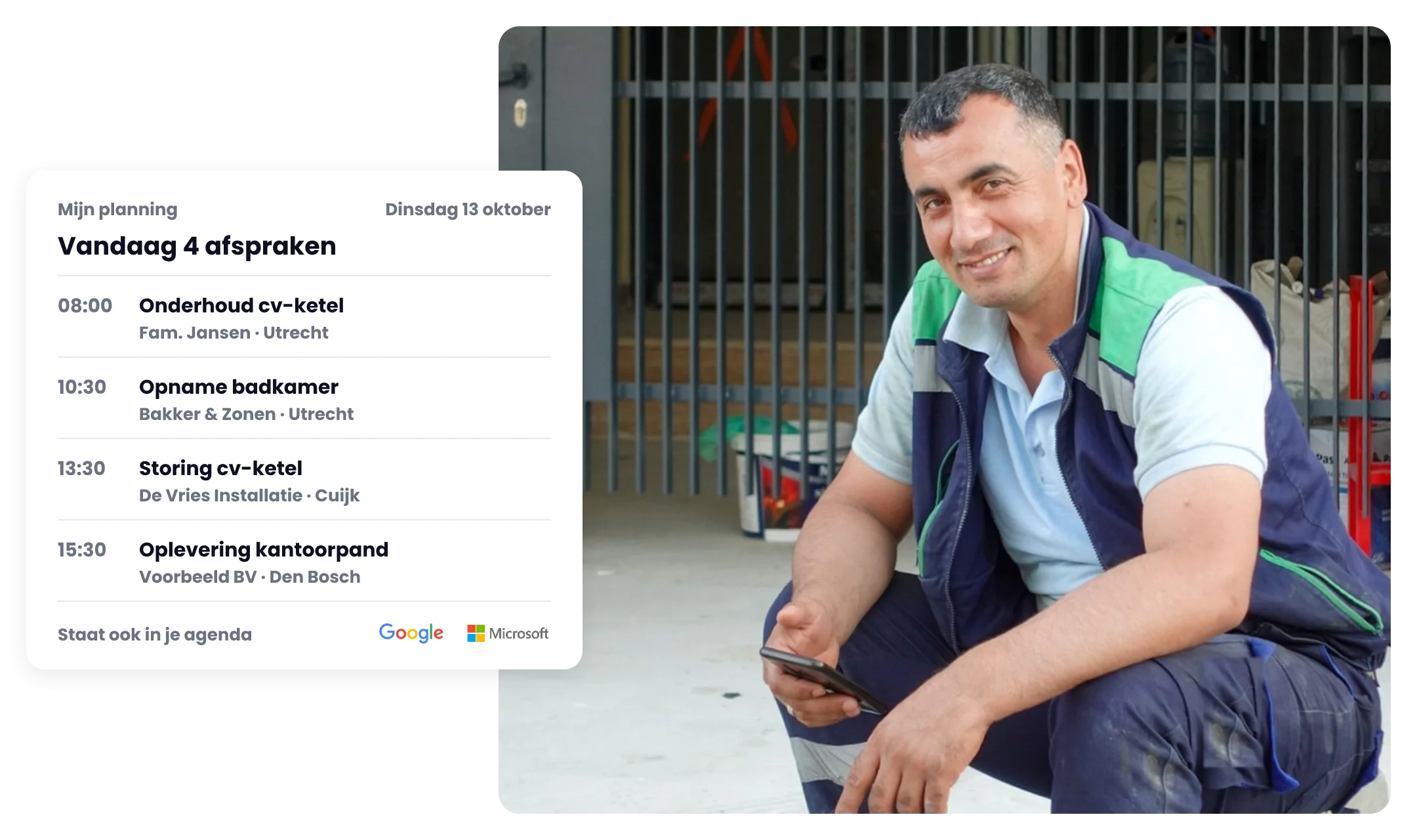 Monteur met zijn planning van vandaag op de telefoon: onderhoud cv-ketel, opname badkamer, storing en oplevering