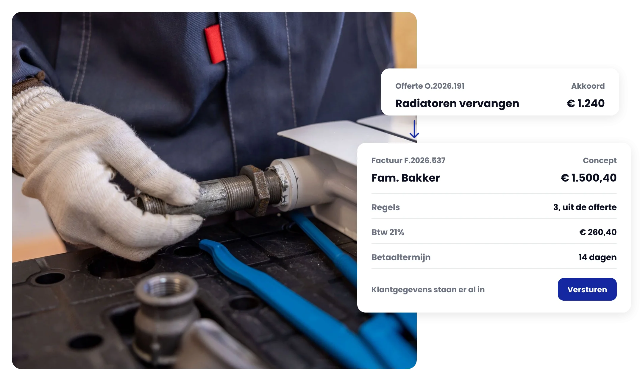 Installateur sluit een radiator aan, terwijl van de getekende offerte een conceptfactuur is gemaakt met regels, btw en betaaltermijn