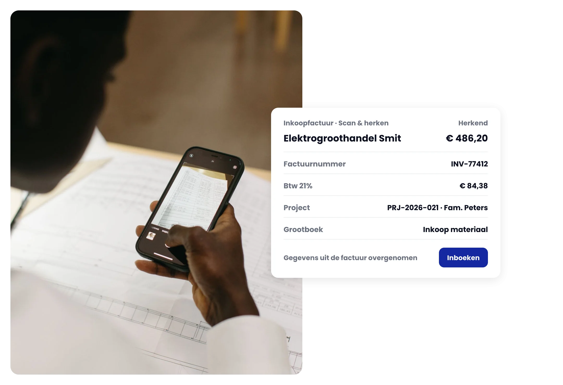 Inkoopfactuur van de elektrotechnische groothandel gefotografeerd met de telefoon, gegevens herkend en gekoppeld aan een project